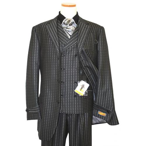 Steve Harvey Collection Black With Metallic Grey Polka Dots French Cuffs Super 120's Merino Wool Vested Suit